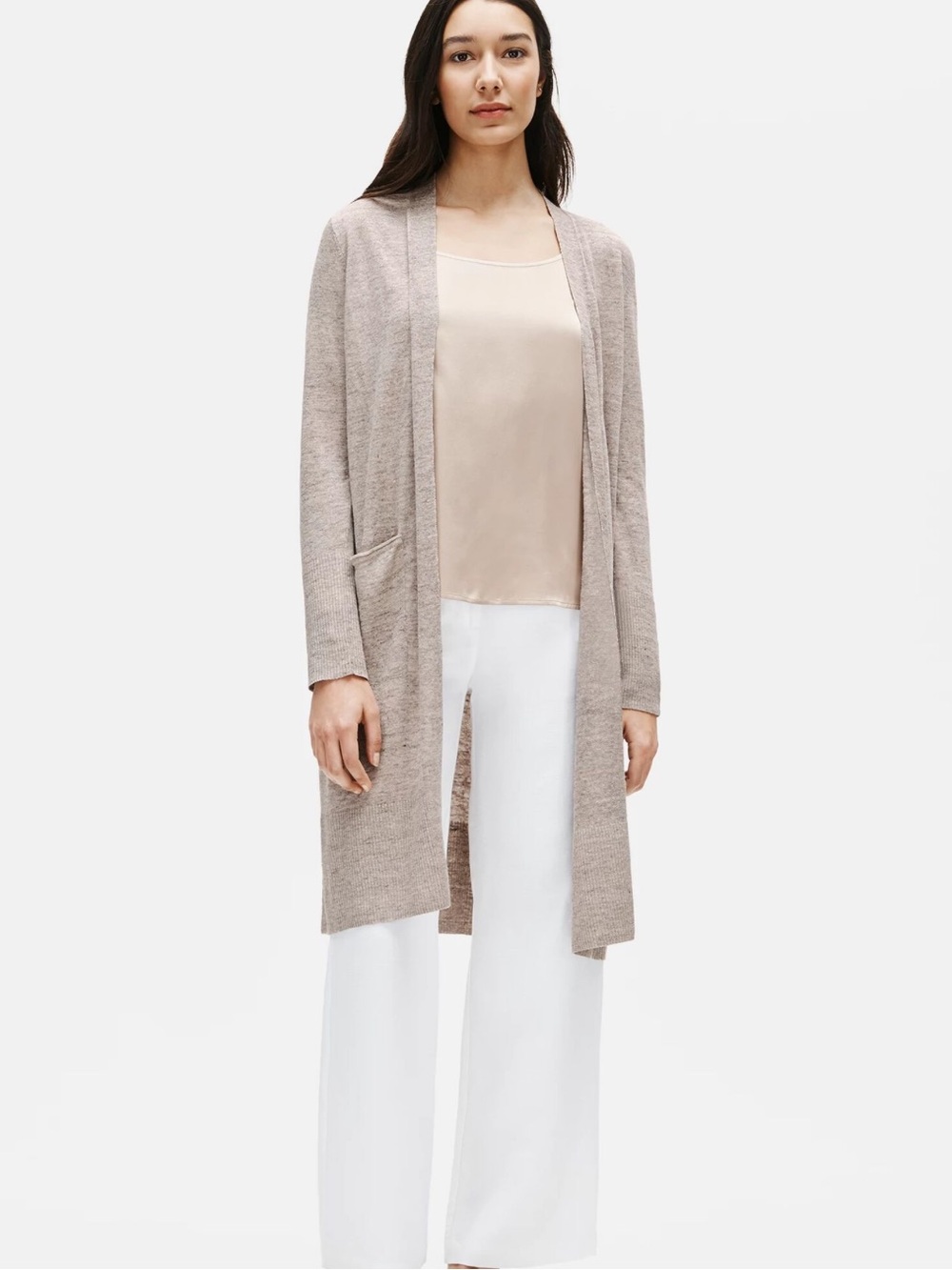 Eileen Fisher Light Gray Long Knit Open Cardigan Dress L